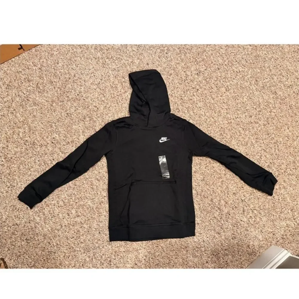 Nike Hoodie Boy Medium Black Pullover Fleece Swoosh Logo Sweatshirt Kid